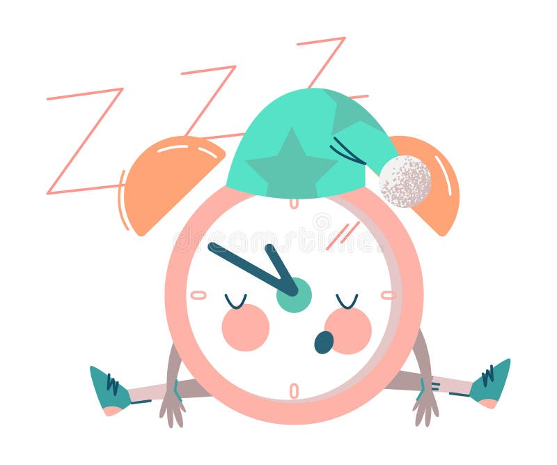 Funny Clock Character in Night Cap Sleeping and Snoring Sitting on the