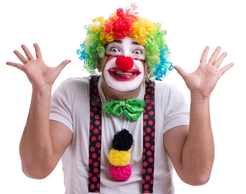 Funny clown acting silly isolated on white background stock image