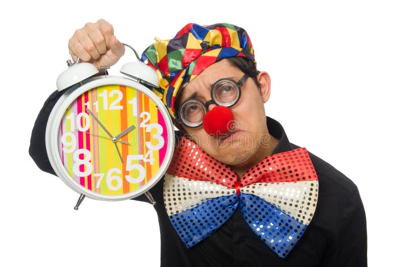 The Funny Clown with Clock Isolated on White Stock Image Image of