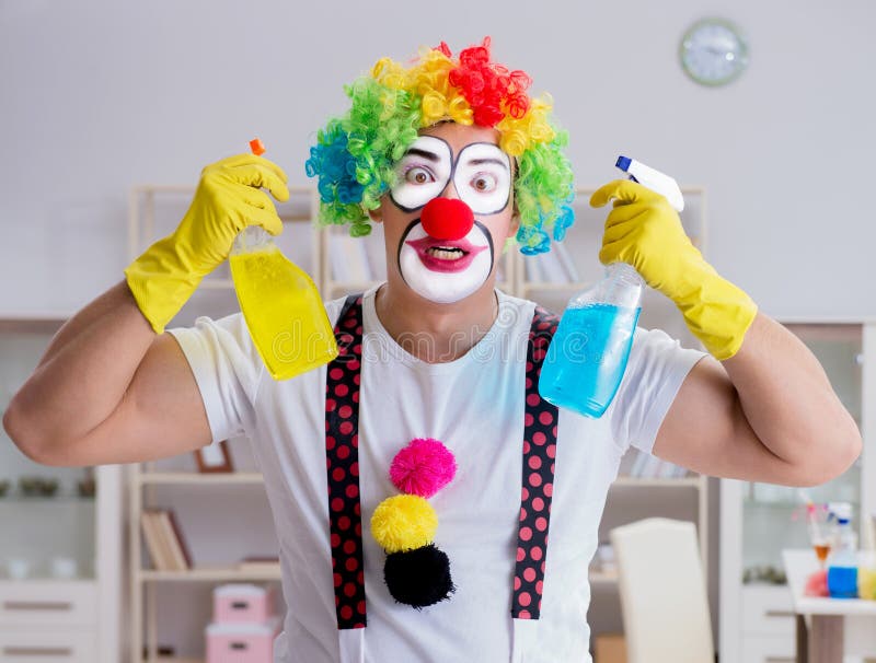 Funny Clown Doing Cleaning at Home Stock Photo Image of occupation