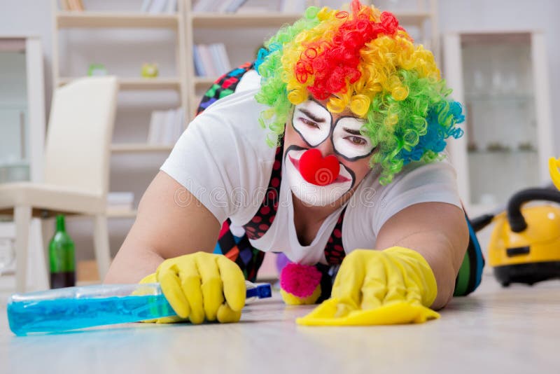 The Funny Clown Doing Cleaning at Home Stock Photo Image of comedy