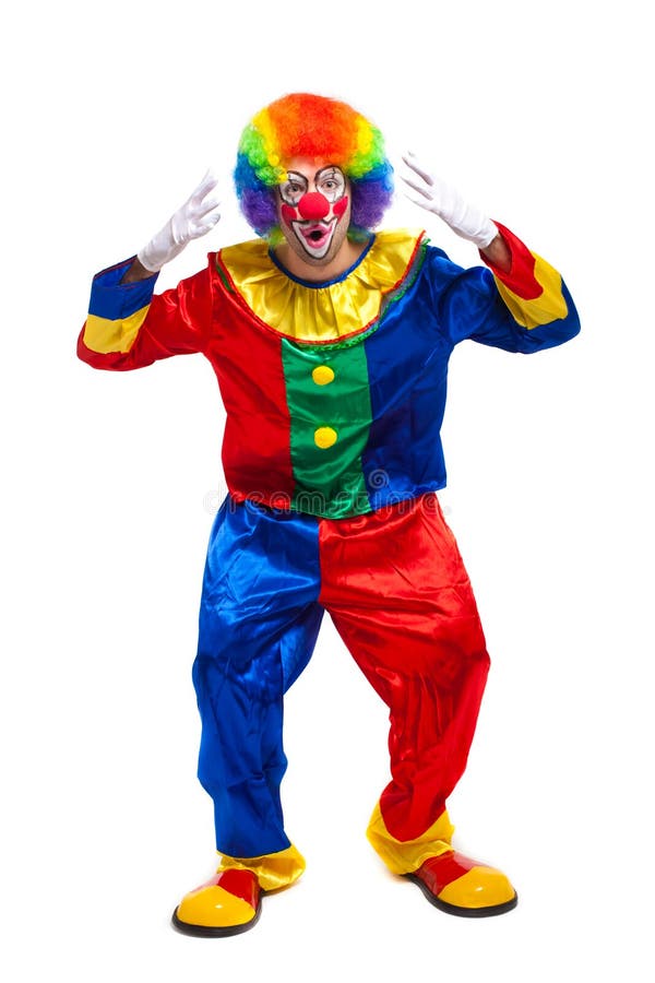 Funny clown full length isolated on white stock image