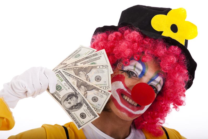 Funny clown holding money stock photos