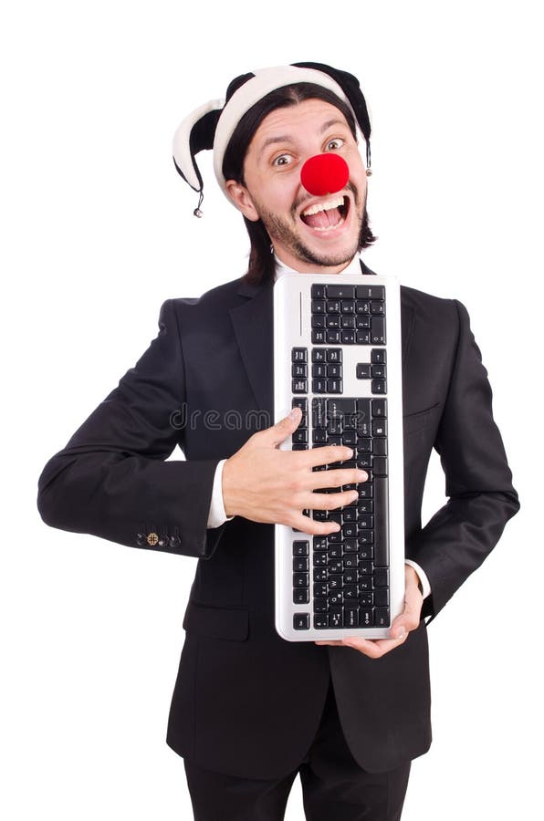 Funny clown with keyboard royalty free stock photo