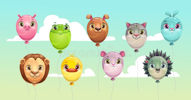 Funny colorful flying balloons with cute animal faces.