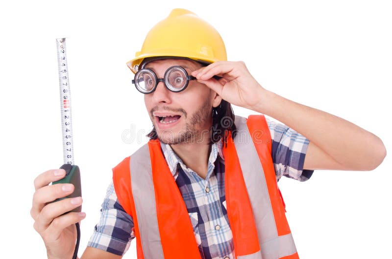 Funny constructon worker with tape-line isolated