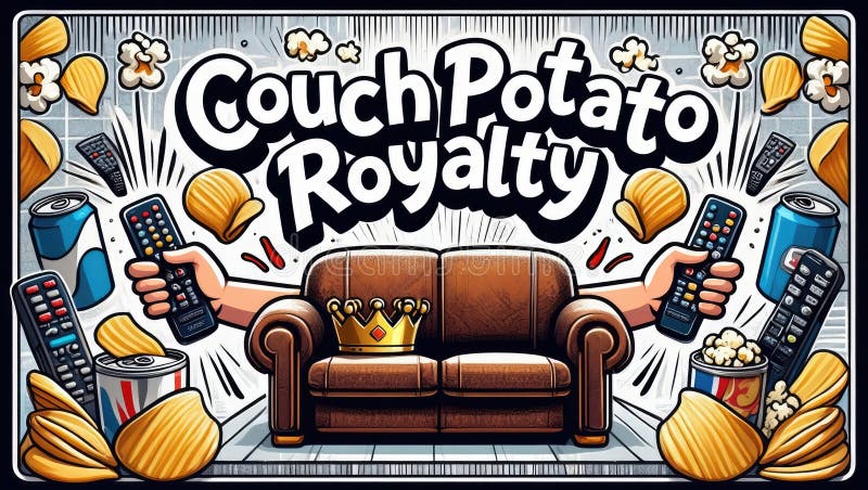 Funny Couch Potato Royalty design featuring a crowned couch surrounded by snacks, chips, and soda royalty free stock photos