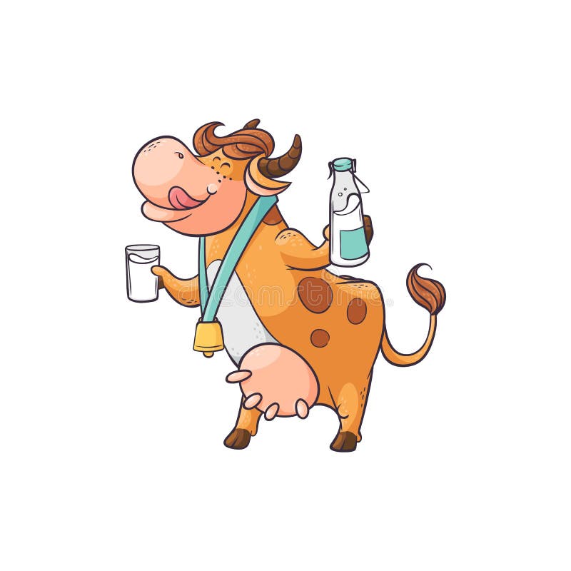 Funny Cow Drinking Milk from Glass and Bottle, Cute Cartoon Character  Standing with Funny Face Stock Vector - Illustration of animal,  advertising: 149958163