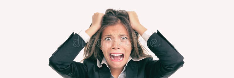 Funny crazy Asian business woman screaming in panic over stress at work. Mental health, anxiety, stressed out concept royalty free stock image