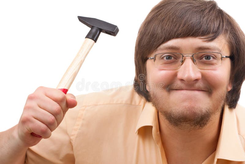 Funny crazy guy with a hammer royalty free stock photo