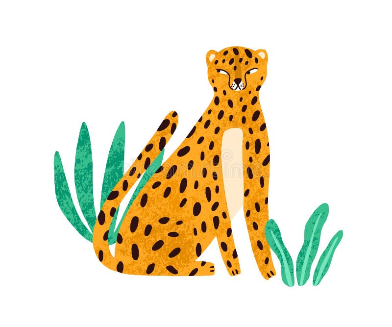 Funny cunning leopard sitting in exotic plants vector flat illustration. Cute spotted wild cat isolated on white.