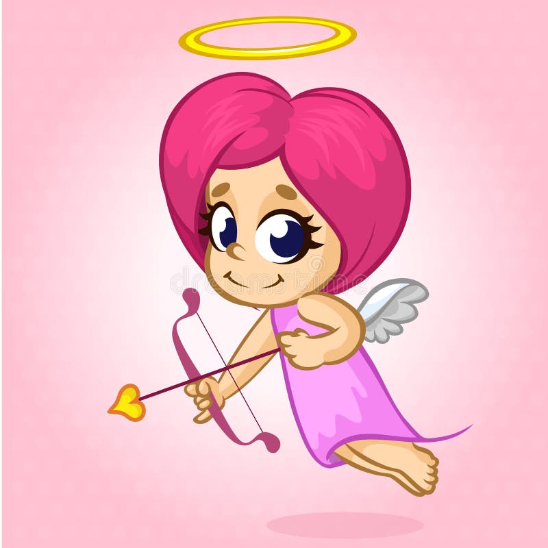 Funny cupid girl aiming at someone.Vector illustration of a Valentine'...