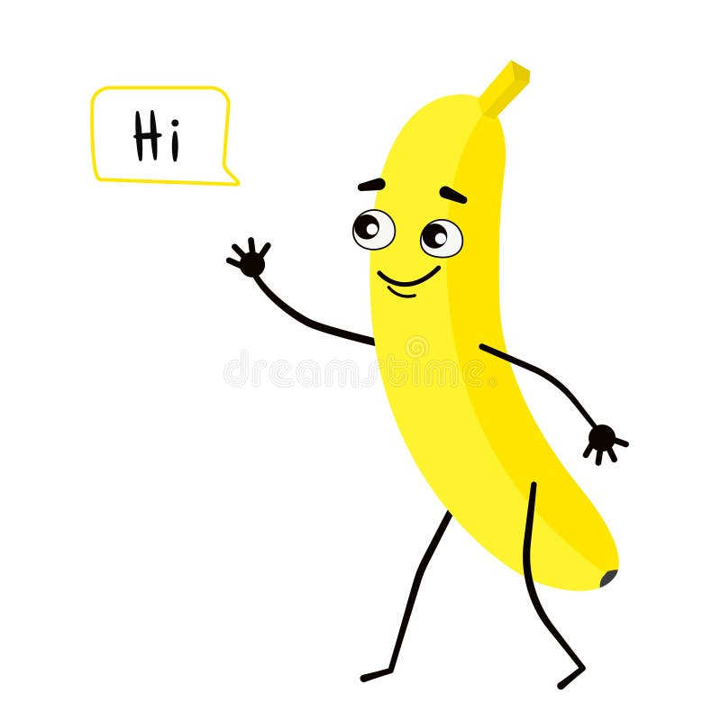 Funny cute banana character waving his hand. Cheerful banana welcomes and says hi.