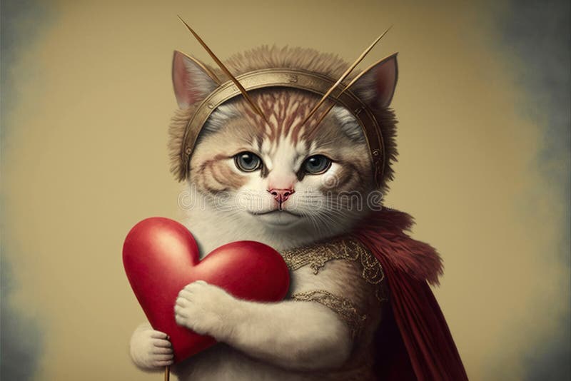 Funny cute cupid cat with wings and bow with heart Created with Generative AI technology.