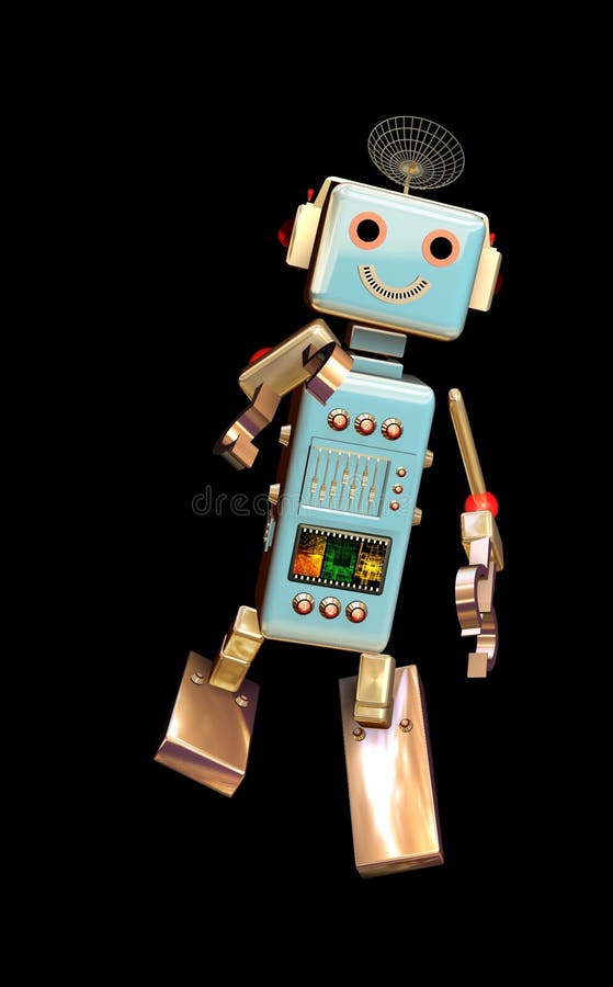 Funny cute robot toy on black royalty free illustration