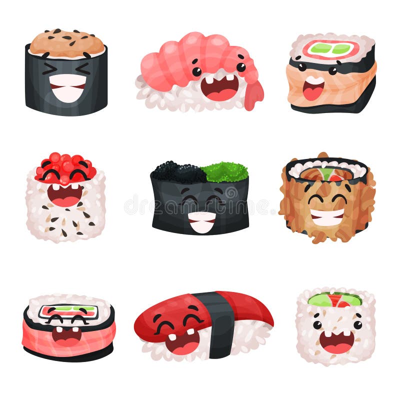 Funny cute sushi and sashimi cartoon characters set, Japanese food with funny faces vector Illustrations royalty free illustration Funny cute sushi and sashimi cartoon characters set, Japanese food with funny faces vector Illustrations royalty free illustration