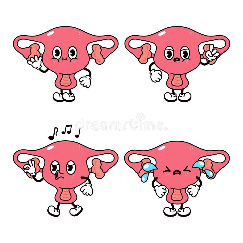 Funny Cute Uterus Character Bundle Set. Vector Hand Drawn Doodle Style ...