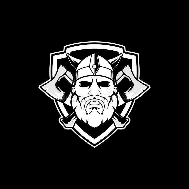 Funny and cute viking cartoon black and white with axe and shield vector logo template vector illustration