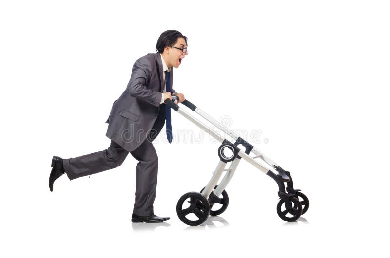 The Funny Dad With Baby And Pram On White Stock Photo Image of angry