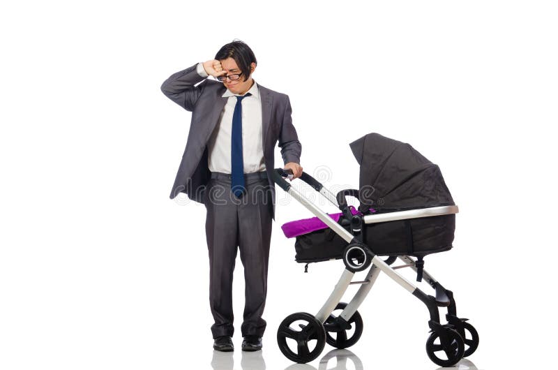 Funny Dad with Baby and Pram on White Stock Photo Image of parent