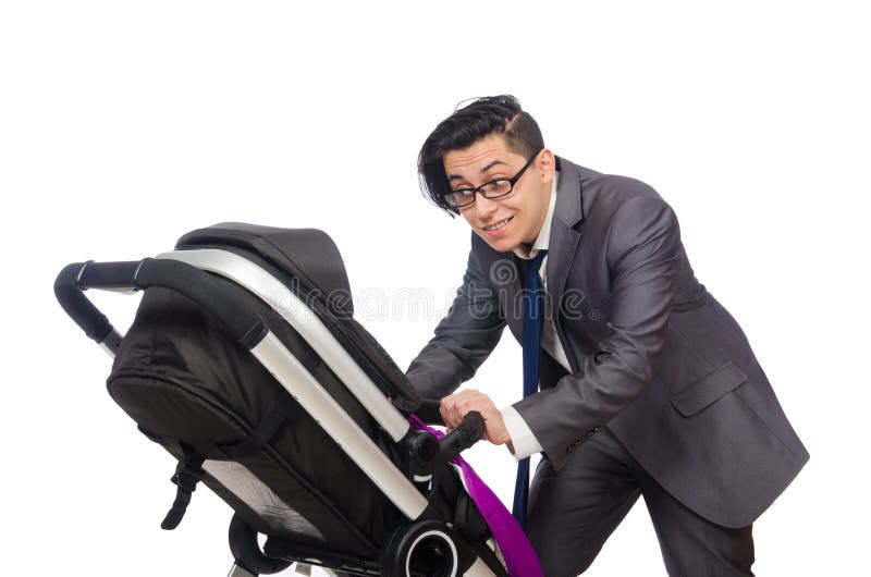 Funny Dad with Baby and Pram on White Stock Photo Image of parent