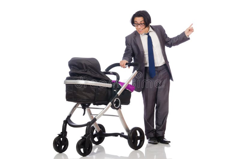 The Funny Dad with Baby and Pram on White Stock Image Image of