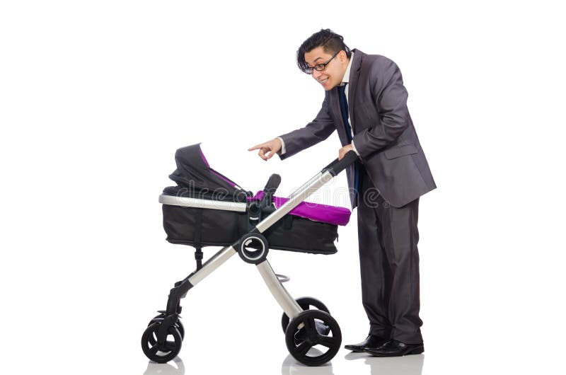 Funny Dad with Baby and Pram on White Stock Photo Image of parent
