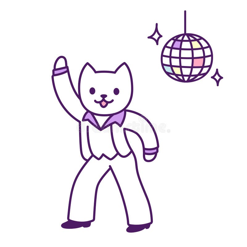 Funny disco dancer cat drawing. Cartoon dancing character vector illustration