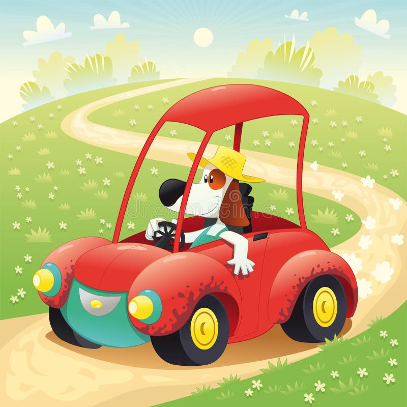 Hipstertraveler Driving a Car with His Dog Stock Illustration Illustration of design, person