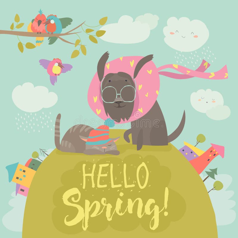 Funny dog and cute cat meeting spring stock illustration Funny dog and cute cat meeting spring stock illustration