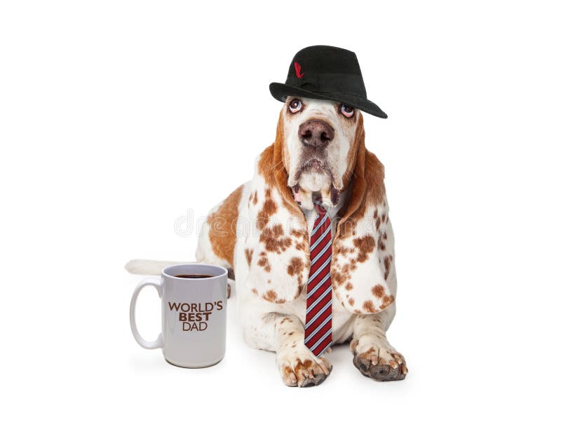 Funny photo of a Basset Hound dog dressed as man on Father's Day with a coffee cup saying World's Best Dad. Funny photo of a Basset Hound dog dressed as man on Father's Day with a coffee cup saying World's Best Dad.