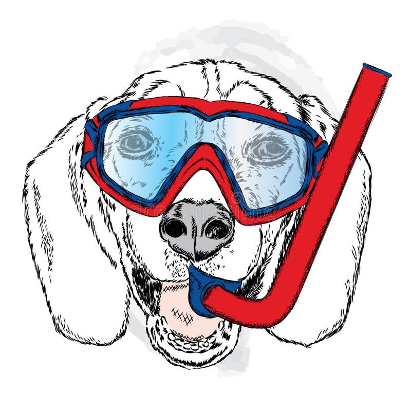 Funny Dog Wearing a Mask for Diving and Snorkel. Vector Illustration