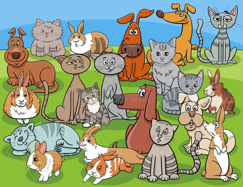 Funny Dogs and Cats and Rabbits Cartoon Characters Group Stock Vector