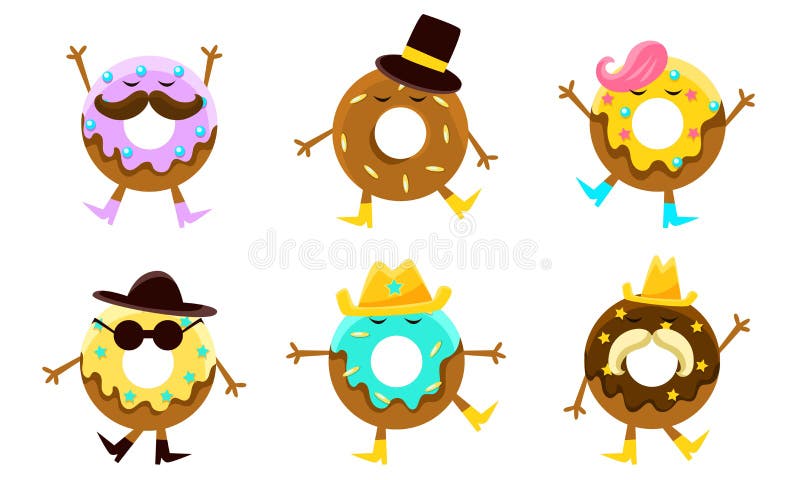 Donuts Cartoon Characters Set Humanized Glazed Doughnuts With