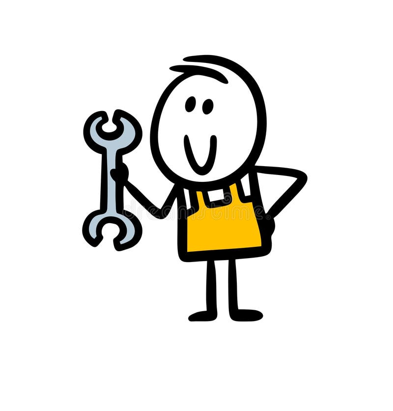 Funny doodle hand drawn locksmith holding wrench in hand and smiles. vector illustration