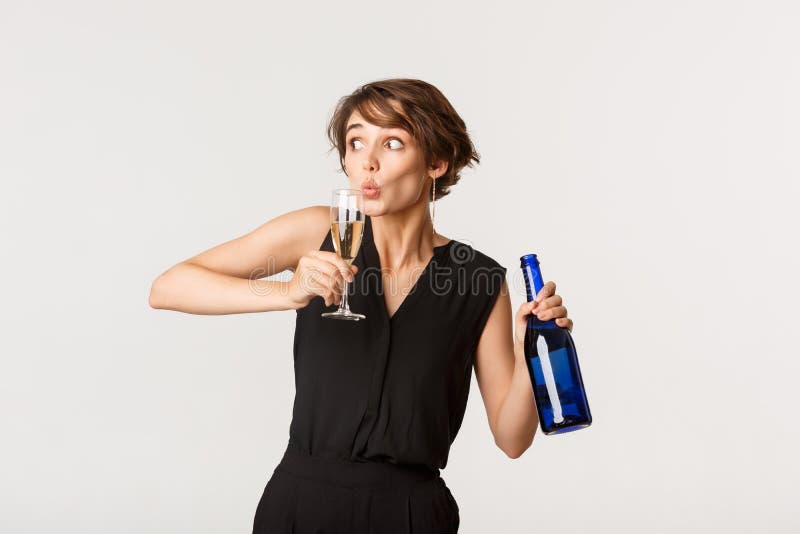 Funny Drunk Woman Partying, Holding Bottle and Sipping Champagne from  Glass, Standing Over White Background Stock Image - Image of woman, tender:  225990655