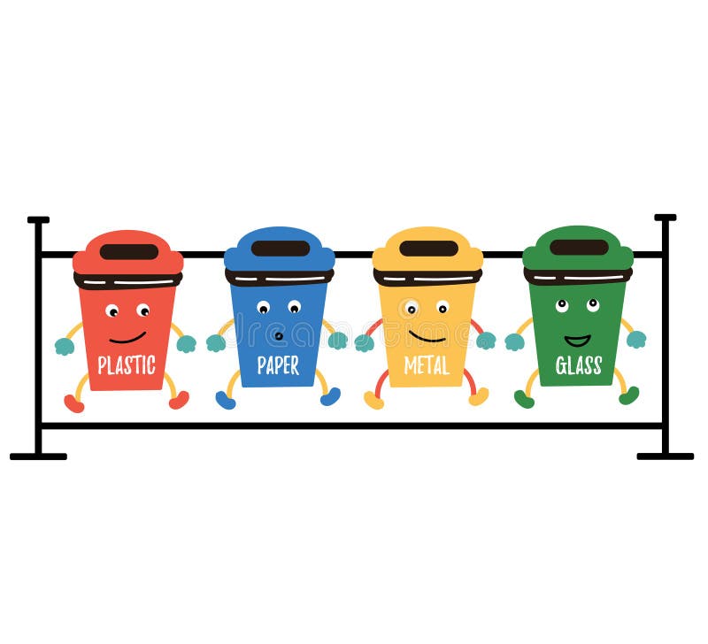 Funny dumpster plastic, paper, metal, glass. Waste distribution. Waste reduction vector illustration Funny dumpster plastic, paper, metal, glass. Waste distribution. Waste reduction vector illustration