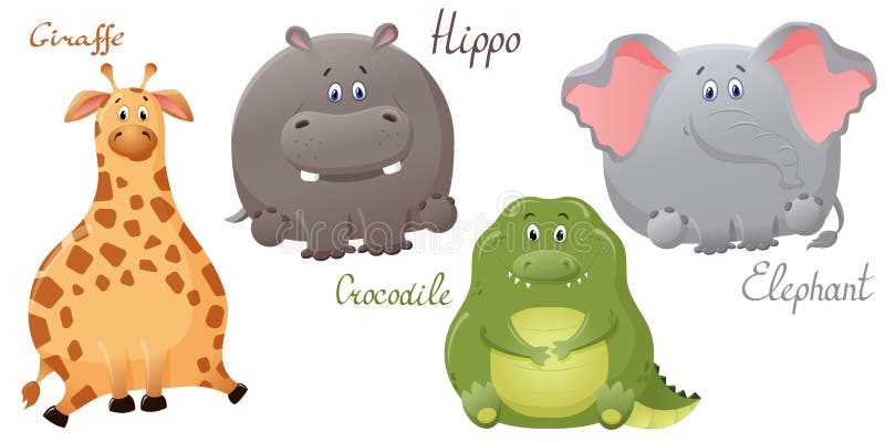 Funny elephant, giraffe, crocodile and hippopotamus. Set of vector cute fat cartoon characters. The concept of fun design for royalty free illustration Funny elephant, giraffe, crocodile and hippopotamus. Set of vector cute fat cartoon characters. The concept of fun design for royalty free illustration