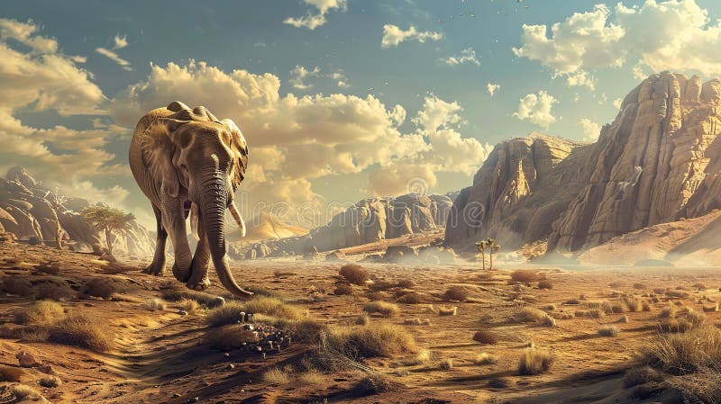 Funny Elephant Walking in Desert Landscape, Generative AI vector illustration
