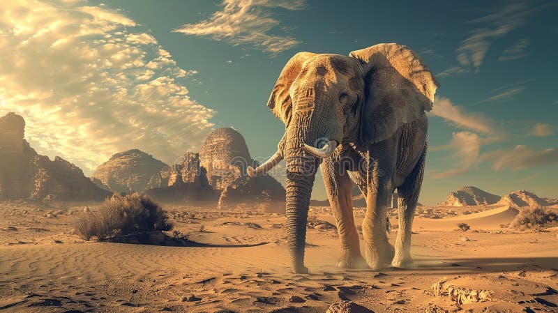 Funny Elephant Walking in Desert Landscape, Generative AI stock illustration