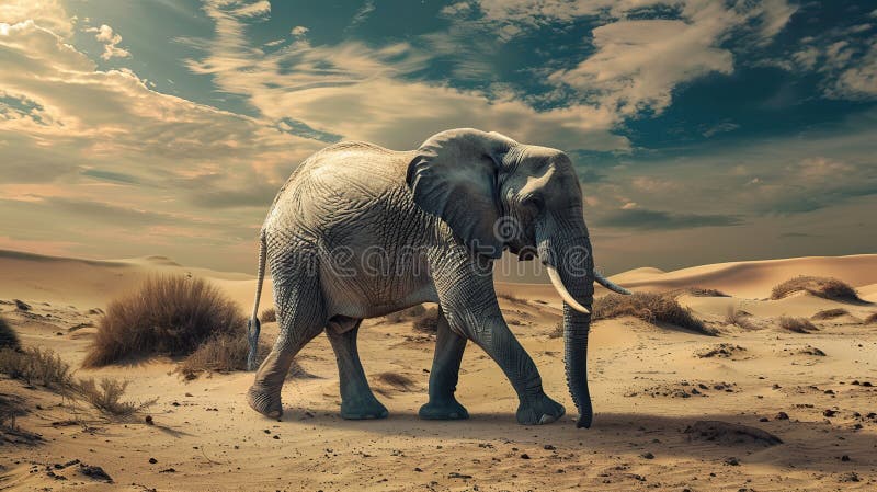 Funny Elephant Walking in Desert Landscape, Generative AI royalty free illustration