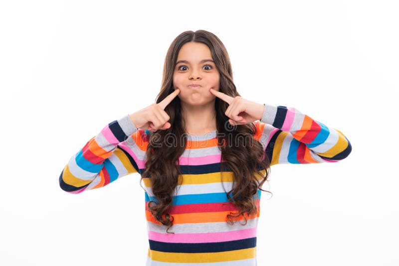 Funny Face Beautiful Teen Child Pinching Cheeks With Index Finger