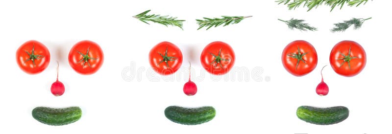 Funny face from different vegetables tomatoes, cucumber, radish, dill and rosemary isolated on white background. Healthy eating