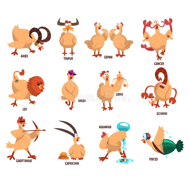 Funny Farm Chicken Showing 12 Zodiac Signs. Domestic Bird in Different  Actions. Comic Horoscope. Flat Vector Set Stock Vector - Illustration of  astrology, graphic: 115281464