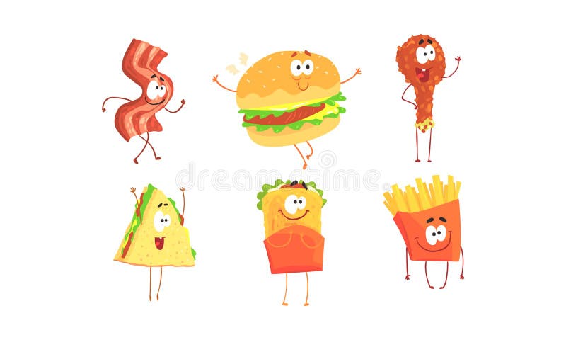 Funny Fast Food Cartoon Characters Collection, Ham Slice, Burger, Fried ...