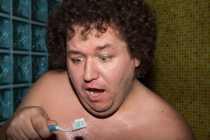 Funny Fat Guy and Toothbrush Stock Photo - Image of portrait, happy:  114846778
