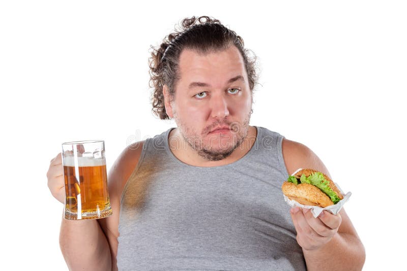 Funny Fat Man Eating Burger and Drinking Alcohol Beverage on White