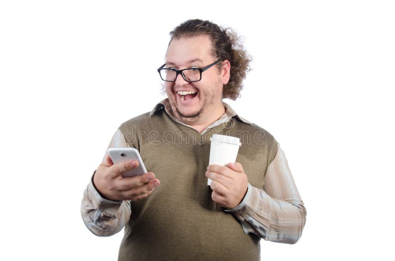 Fat happy guy and phone stock image. Image of emotions - 114848227