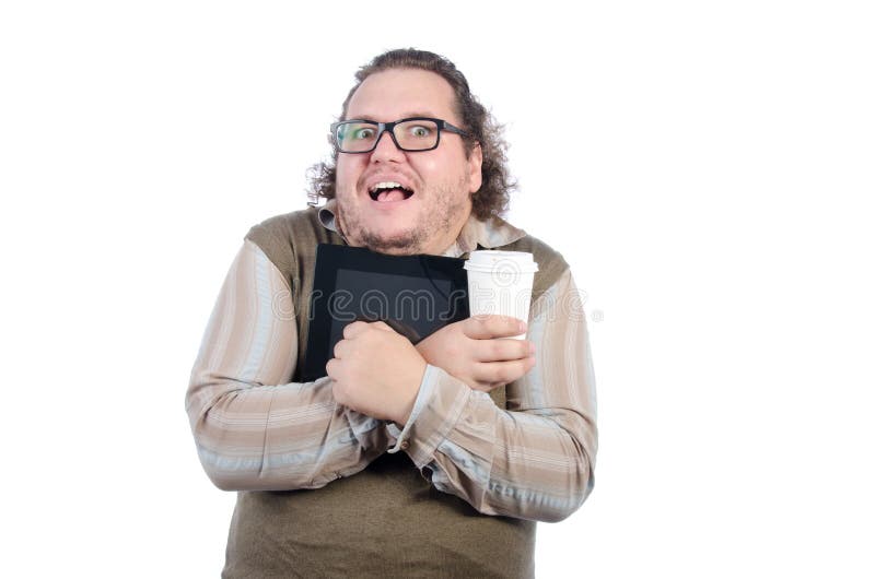 Morning at Work. Happy Man with Tablet and Coffee. Stock Image - Image of  hair, enjoy: 114848149