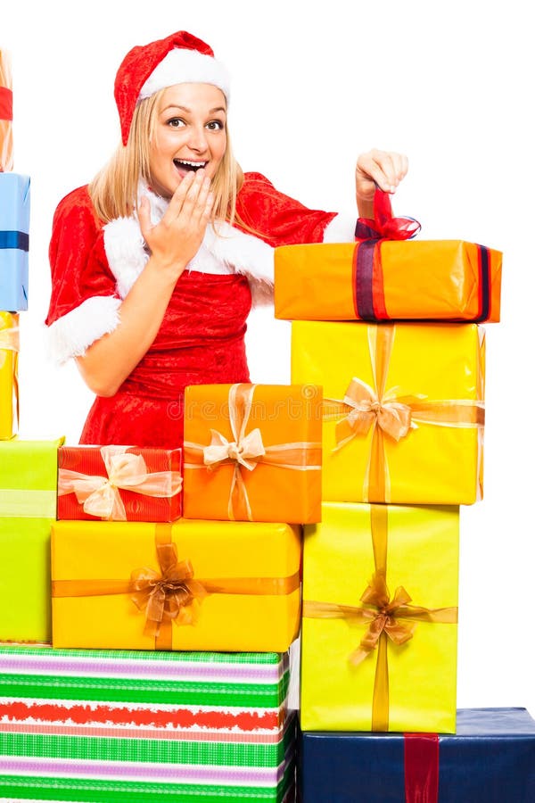 Funny Female Santa Opening Christmas Gift Stock Photo Image of lots, female 27485798